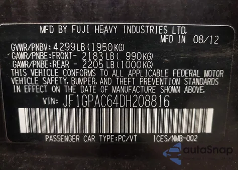 2013 Subaru Impreza 2.0I Premium z USA, uszkodzony, nr VIN JF1GPAC64DH208816